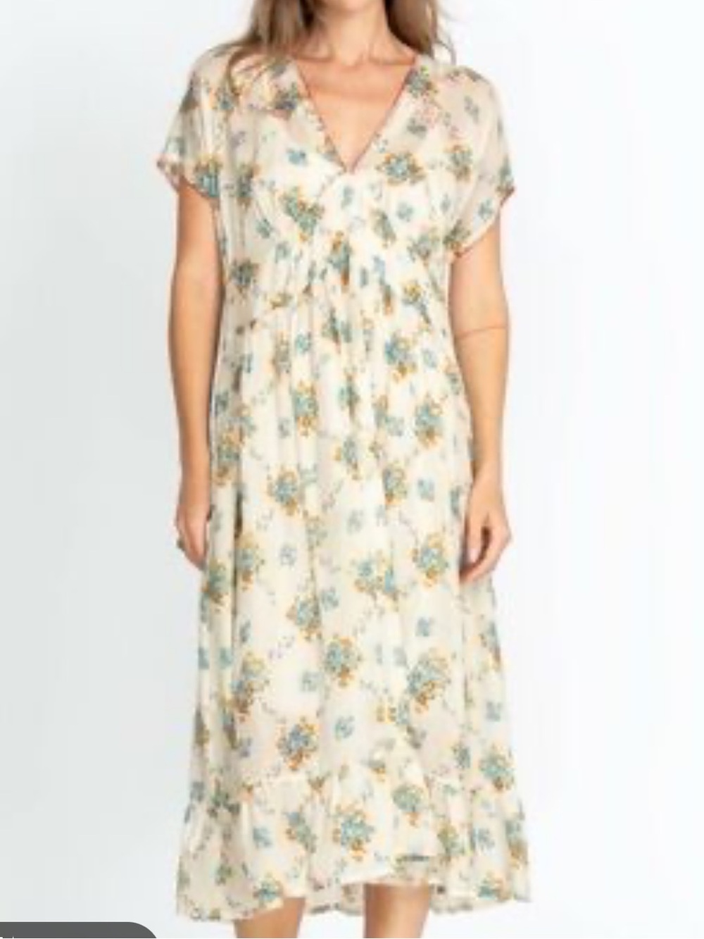 Boho Floral Cream Dress with Blue & Yellow Flower Print